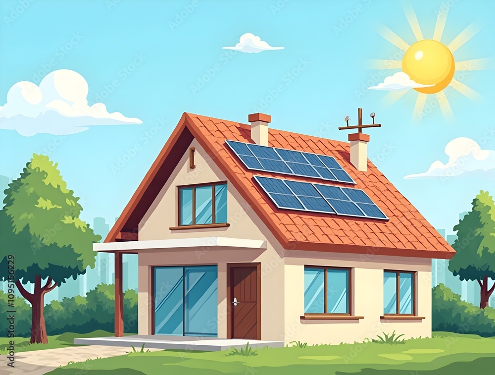 illustration of a sunny day with a small house with a red roof and solar panels. The house has a door and a window. illustration of a sunny day with a small house with a red roof and solar panels. The house has a door and a window.