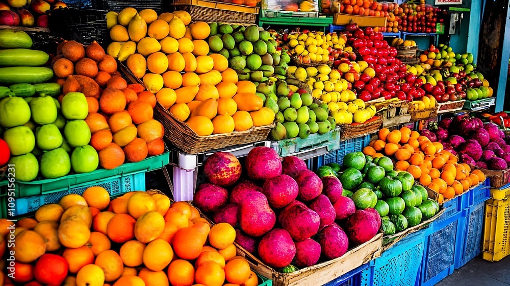 A vibrant display of fresh fruits in a market stall A vibrant display of fresh fruits in a market stall
