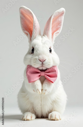 Cute white rabbit with a bow on its neck, light background.  photo