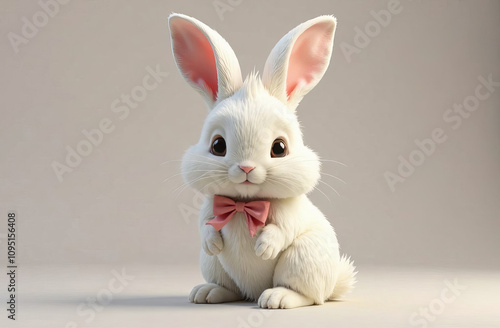 Cute white rabbit with a bow on its neck, light background.  photo