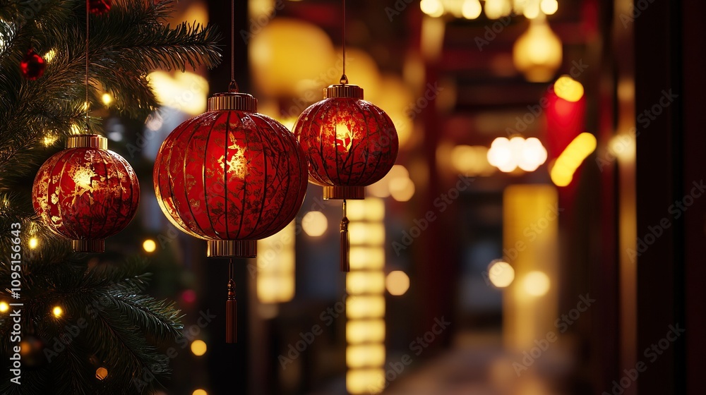 A festive scene with red lanterns and warm lights, evoking holiday cheer. A festive scene with red lanterns and warm lights, evoking holiday cheer.