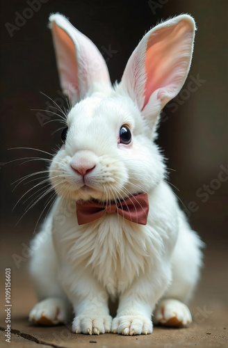 Cute white rabbit with a bow on its neck, light background.  photo