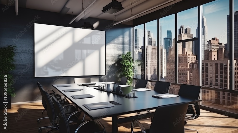 Stylish modern meeting room with glass conference table, black chairs, and city view windows Stylish modern meeting room with glass conference table, black chairs, and city view windows