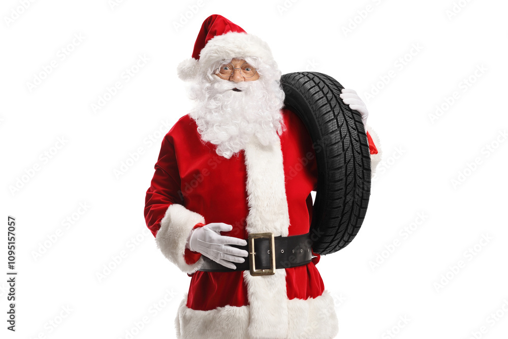 Santa claus carrying a car tire on his shoulder Santa claus carrying a car tire on his shoulder
