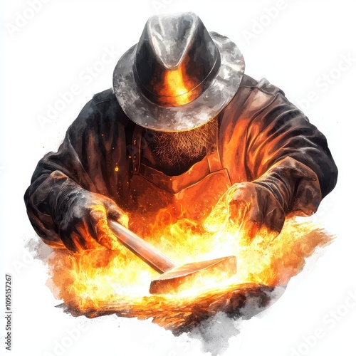 a blacksmith designing a sword, traditional craft, lifelike rendering, glowing metal tones, isolated on white background photo