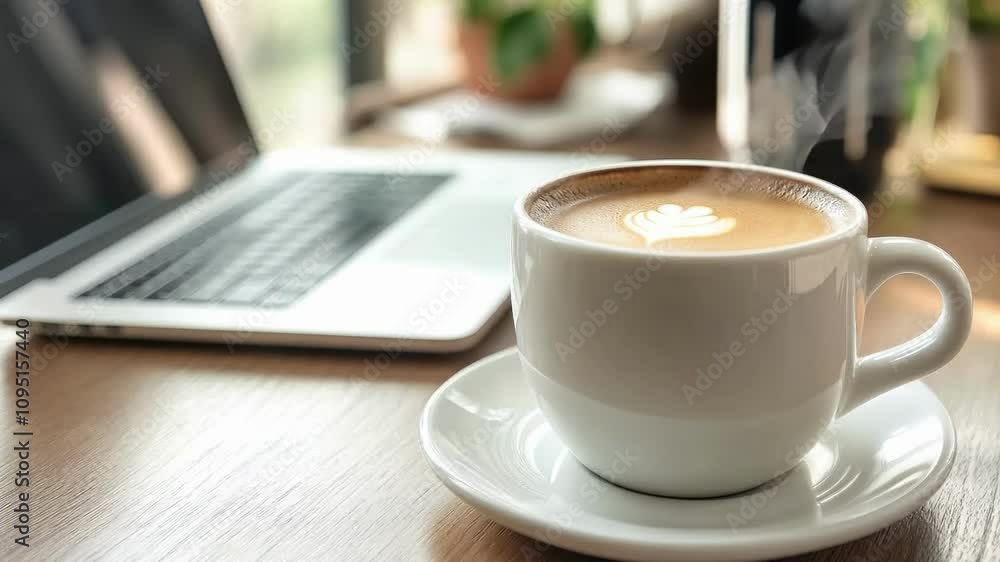 Steaming cup of coffee with latte art sits on a wooden table next to a laptop, creating a cozy and productive workspace Steaming cup of coffee with latte art sits on a wooden table next to a laptop, creating a cozy and productive workspace