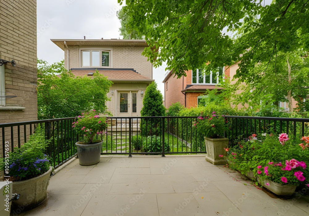 Obraz premium Private Garden and Patio of a Home in Summer, Serene Outdoor View