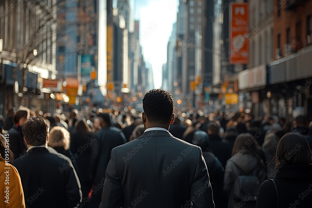 NYC Businessman Sunlit Street, Dense Crowd Perspective NYC Businessman Sunlit Street, Dense Crowd Perspective