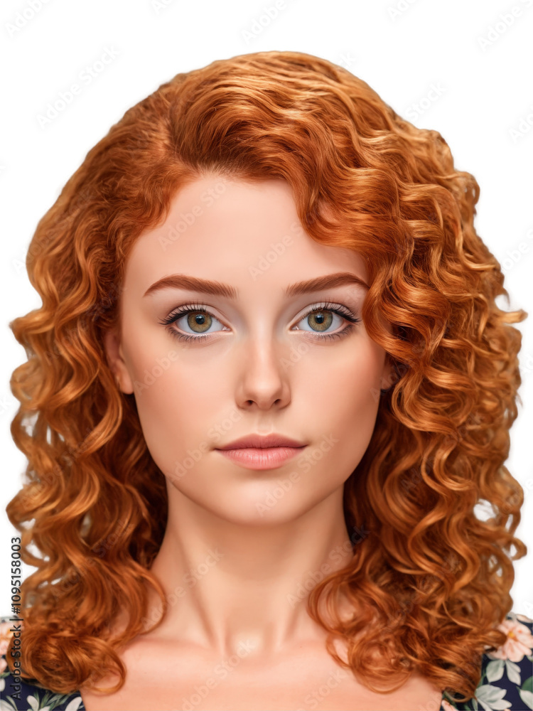 Young woman with curly auburn hair and hazel eyes, a calm, peaceful expression. She wears a floral dress. Young woman with curly auburn hair and hazel eyes, a calm, peaceful expression. She wears a floral dress.