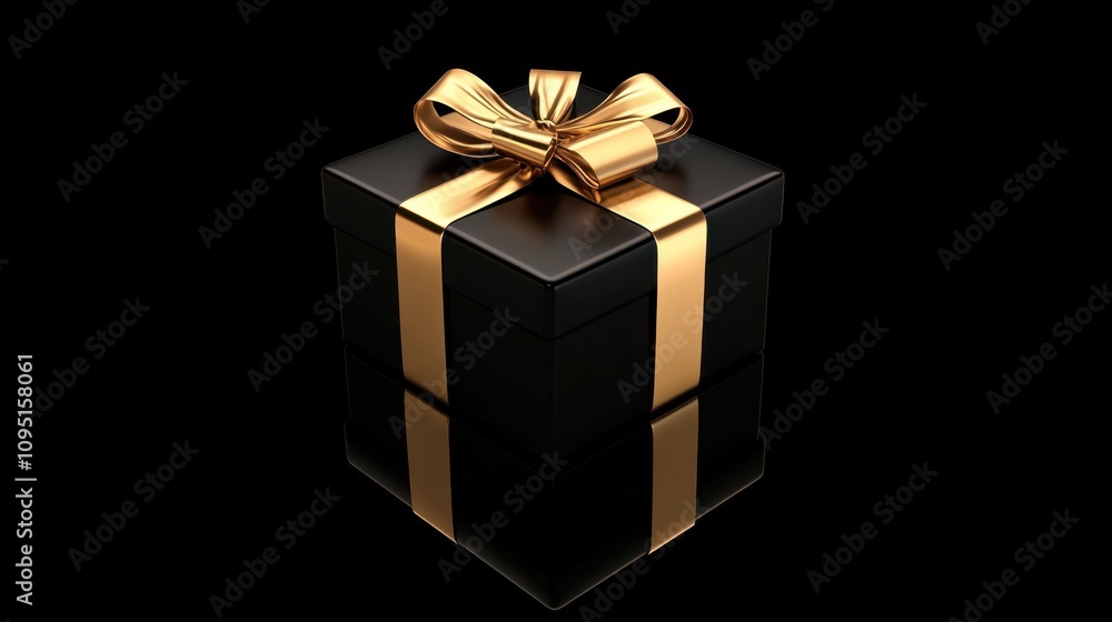 Obraz premium Elegant Black Gift Box with Golden Ribbon and Bow, Perfect for Celebrations, Birthdays, Anniversaries, Events and Special Occasions in a Luxurious Style