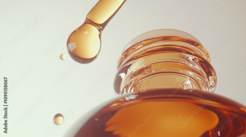 Close-up elegant glass serum bottle with dropper and light amber liquid, captured mid-air. Close-up elegant glass serum bottle with dropper and light amber liquid, captured mid-air.