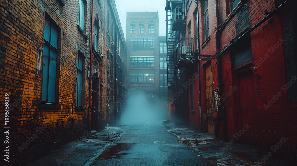 Fototapeta premium Vintage Urban Street in Dense Fog with a Quiet but Ominous Mood. Ideal for Mysterious Story Settings