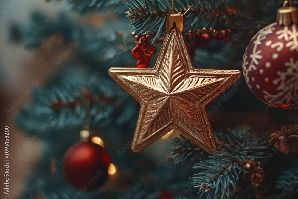 Star and ornament balls Hanging on a Christmas Tree. Christmas card background. Concept of Xmas holiday decorations.  AI-generated