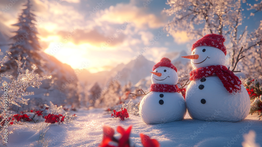 Fototapeta premium Charming snowmen enjoy a winter sunset in a snowy landscape
