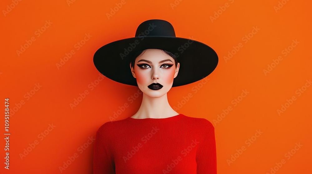 Stylish Woman in Red Sweater Black Hat Halloween Fashion Portrait Stylish Woman in Red Sweater Black Hat Halloween Fashion Portrait