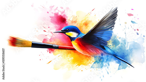 
big colorful swallow emerging from an artist s paint brush, representing the freedom of imagination photo