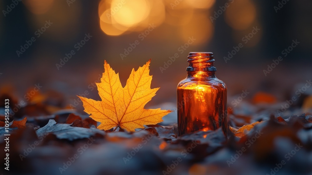 A glass bottle beside an autumn leaf on a bed of fallen leaves, capturing seasonal beauty. A glass bottle beside an autumn leaf on a bed of fallen leaves, capturing seasonal beauty.