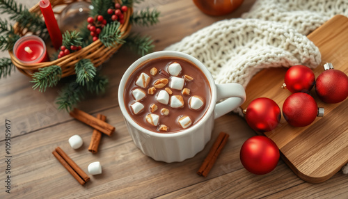 Cozy Winter Scene with Hot Chocolate and Festive Elements