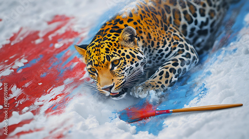 
big colorful leopard on snow emerging from an artist s paint brush photo