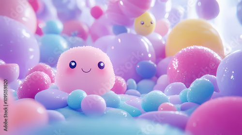 (style candy style, cute, minimal, 3d animation:) adorable, minimalistic 3d characters in a world made of candy, bursting with sweetness. Pastel Candy World. Illustration