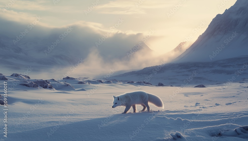 Arctic Fox In Snowy Environment Of Svalbard, Norway: Wild Action Scene In Natural Habitat During Cold Winter. Vulpes Lagopus Wildlife. Arctic Fox In Snowy Environment Of Svalbard, Norway: Wild Action Scene In Natural Habitat During Cold Winter. Vulpes Lagopus Wildlife.