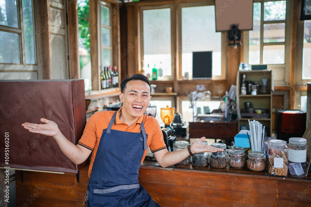 male coffee shop waiter with open arm gesture welcoming customer male coffee shop waiter with open arm gesture welcoming customer