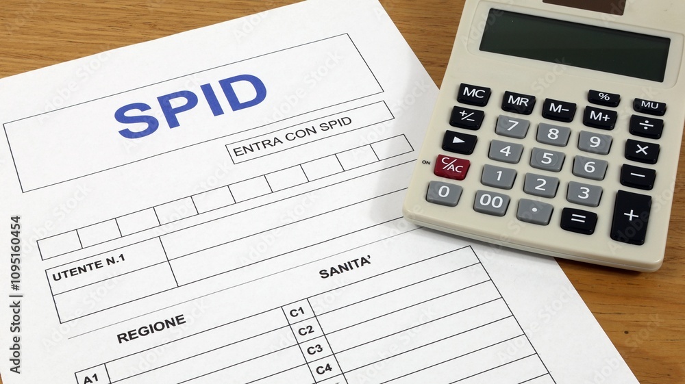 Document Italian SPID presentation Man's hand indicates the topics of the public digital identity system With calculator on the desk. Document Italian SPID presentation Man's hand indicates the topics of the public digital identity system With calculator on the desk.