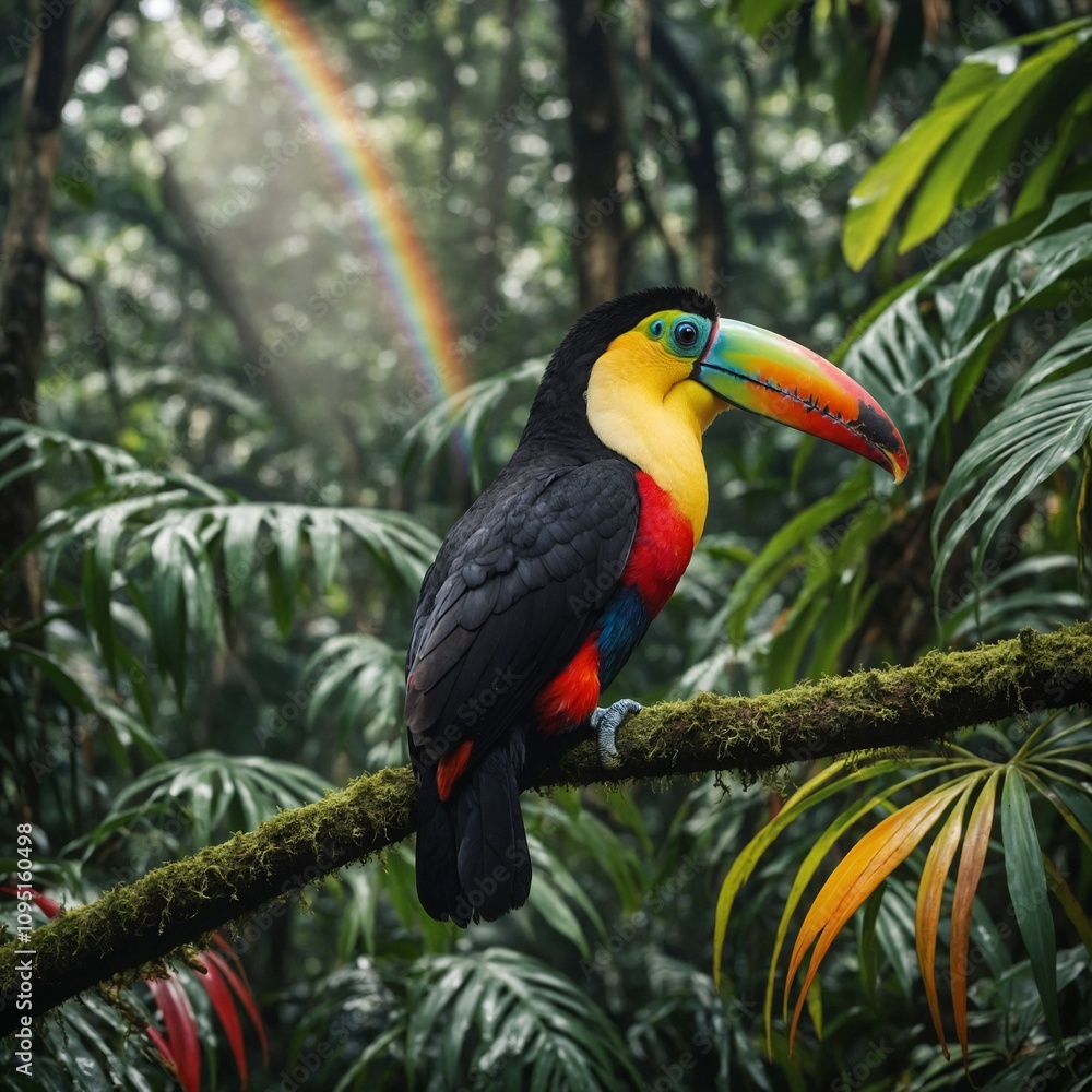 A toucan with a rainbow-colored beak perched in the rainforest canopy.
A toucan with a rainbow-colored beak perched in the rainforest canopy.