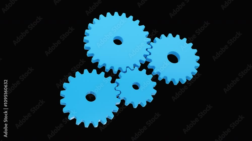 Cartoon blue gears system. Cogwheels rotation. Isolated 3d rendered loop.
