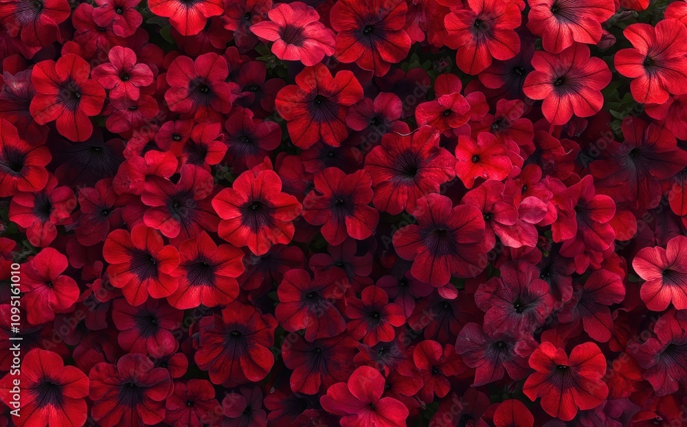 Red petunias and calibrachoa plants growing in a well-maintained flower bed. Red petunias and calibrachoa plants growing in a well-maintained flower bed.