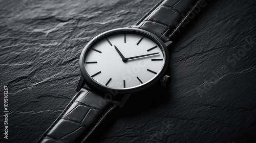 Wallpaper Mural Minimalist wristwatch with leather strap on matte black surface. Torontodigital.ca