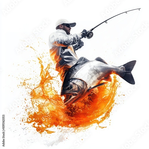 a fisherman reeling in a catch, aquatic trade, realistic rendering, dynamic details, isolated on white background photo