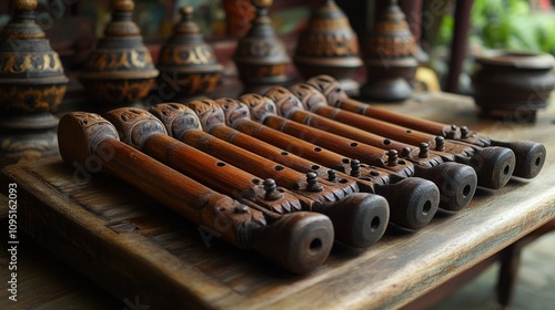 A collection of intricately carved wooden wind instruments displayed on a table. photo