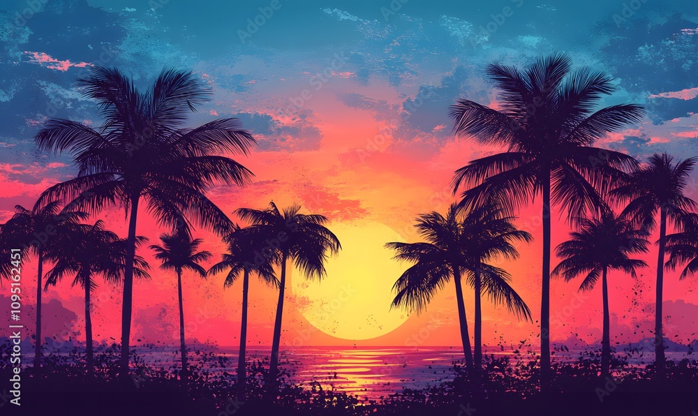 Silhouetted Palms at Sunset, Capture a background with palm tree shadows against a gradient sunset sky Silhouetted Palms at Sunset, Capture a background with palm tree shadows against a gradient sunset sky
