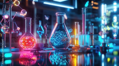 A vibrant laboratory scene with glowing glassware and molecular structures.