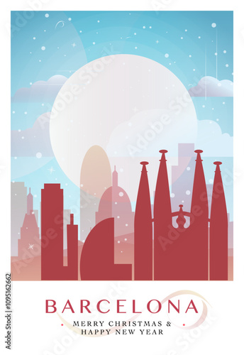 Christmas Barcelona retro poster for winter festives, New Year. Geetings, happy holidays and merry xmas from Spain city vector postcard layout