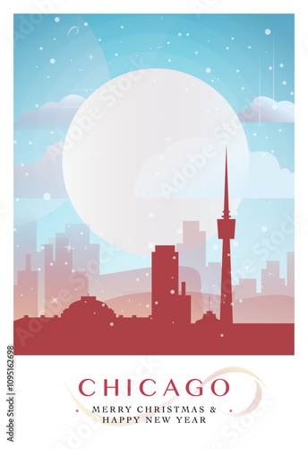 Christmas Chicago retro poster for winter  festives, New Year in USA. Geetings, happy holidays and merry xmas from Illinois, United States of America vector postcard layout