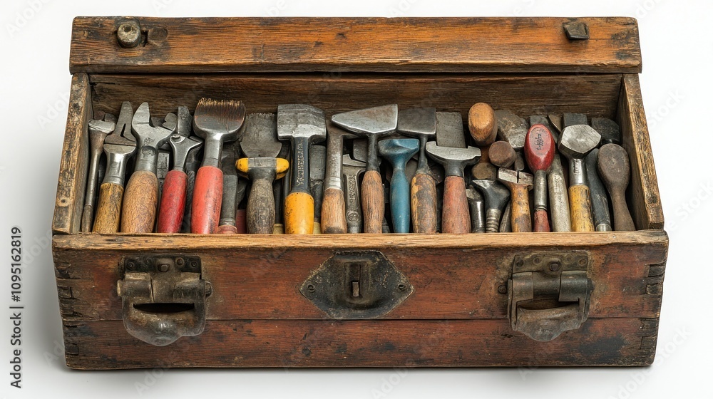 A wooden toolbox filled with various hand tools for repair and construction tasks.
