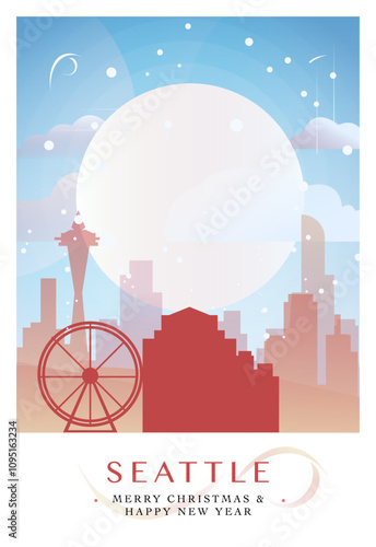 Christmas Seattle retro poster for winter  festives, New Year in USA. Geetings, happy holidays and merry xmas from Washington, United States of America vector postcard layout