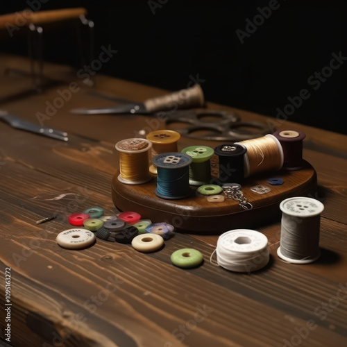 A sewing kit  of needles and thread laid out on a table