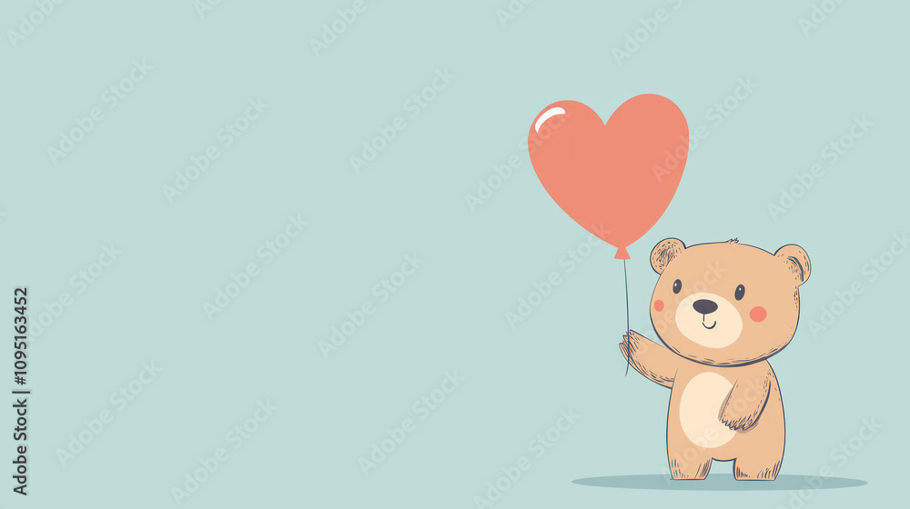 Cute cartoon bear character cheerfully holding a heart-shaped balloon in a whimsical illustration, perfect for Valentine's Day or children's themed designs and projects Cute cartoon bear character cheerfully holding a heart-shaped balloon in a whimsical illustration, perfect for Valentine's Day or children's themed designs and projects