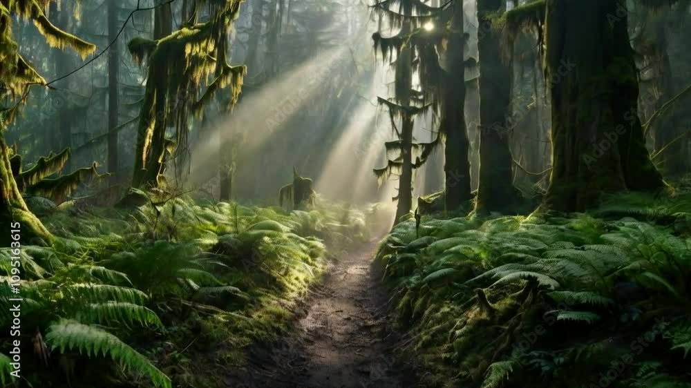 A dense, mystical forest covered in thick fog, with sunlight filtering through the towering trees and illuminating a winding dirt path surrounded by ferns and moss