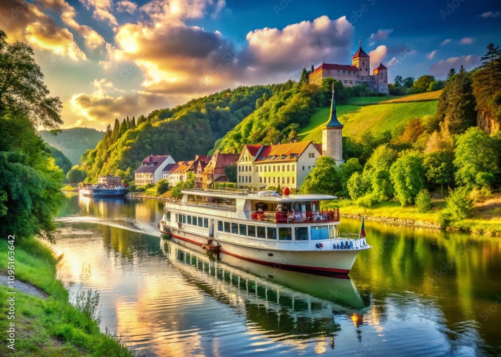 Obraz premium Vintage Style Photography of a Bavarian Belle Riverboat Gliding Through a Scenic Landscape with Lush Greenery and Historical Architecture in the Background