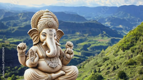 Ganesha/Ganesh spiritual stone statue cinematic shot in mountainous area. Religious Hindu idol on natural background. Ganapati, Vinayaka, Lambodara and Pillaiyar, worshipped deity in Hindu pantheon. photo