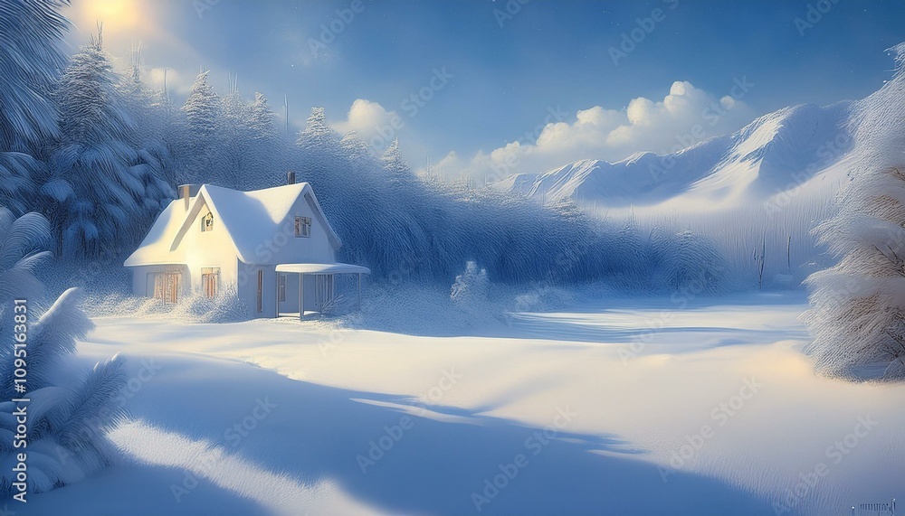 cold frozen winter forest with white house cold frozen winter forest with white house