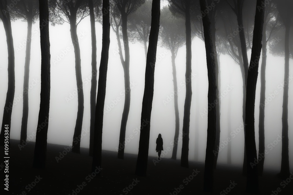 Obraz premium Woman walking through a foggy forest her figure barely visible among the trees.