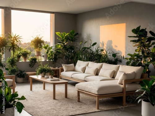 Cozy and inviting living room interior with modern wooden furniture large comfortable couch and abundant potted plants creating a natural and calming atmosphere. photo