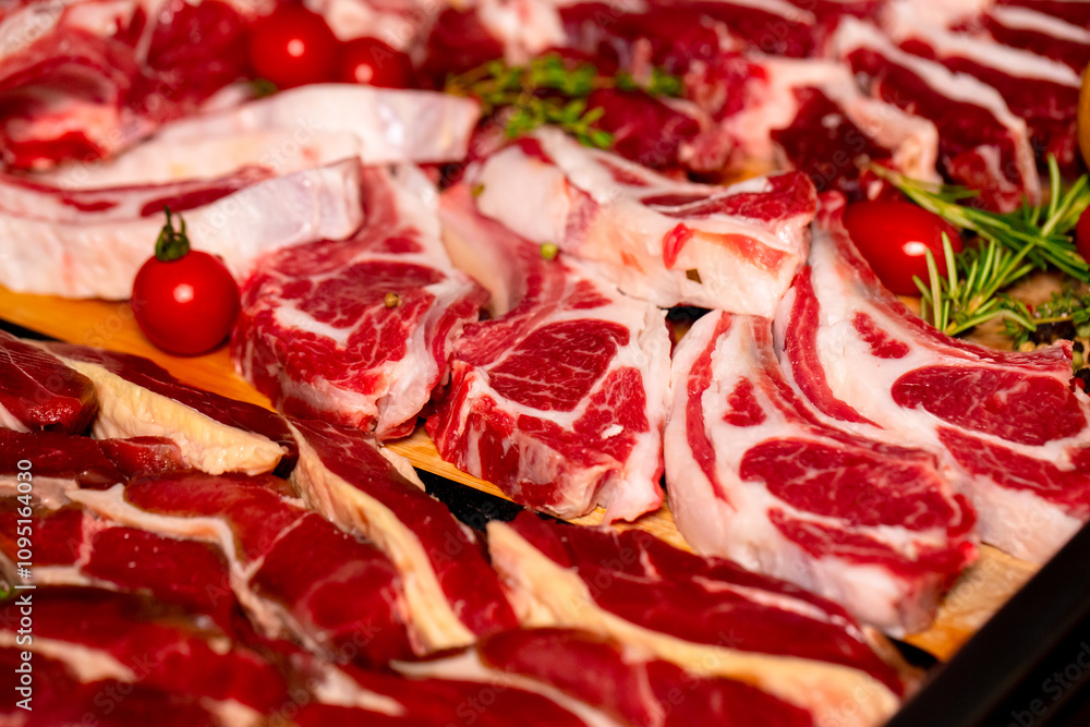 Close-up Lamb ribs steak surrounded by diffferent meat handmade products. Shot of butchery manufactory table with meat goods. Close-up Lamb ribs steak surrounded by diffferent meat handmade products. Shot of butchery manufactory table with meat goods.