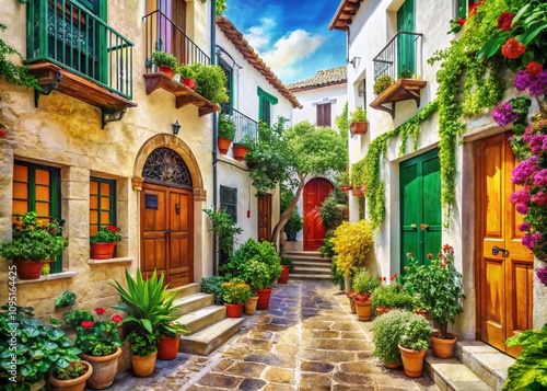 Vintage Style Photography of a Cozy South European Street with White Walls, Colorful Doors, and Abundant Plants Inviting a Warm, Quaint Atmosphere for Travel Lovers