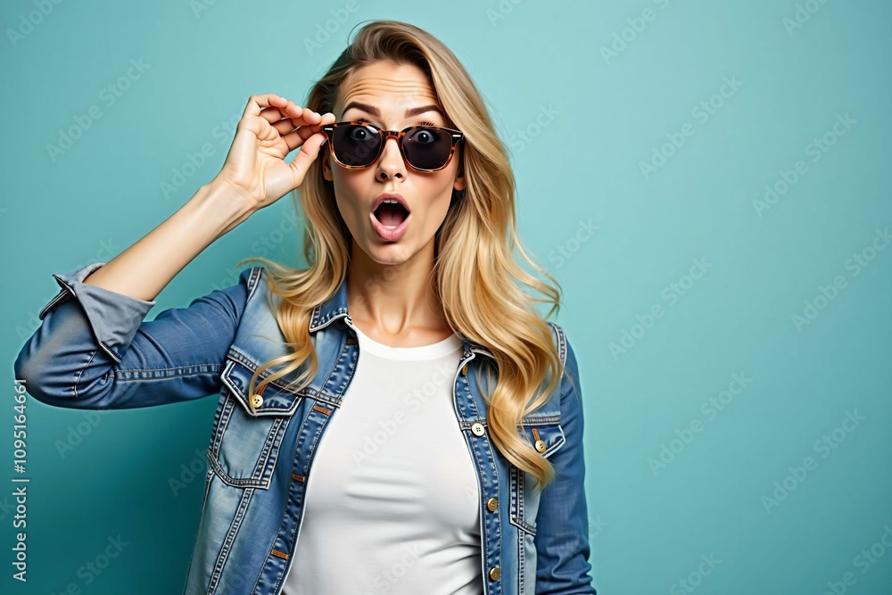 Fototapeta premium Blonde Woman Expressing Surprise in Sunglasses and Denim, Vibrant Turquoise Backdrop
